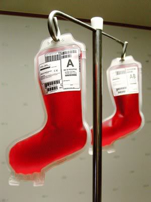 Sock-shaped packets of blood on a drip