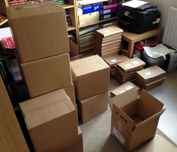 Piles of books in David Moody's office