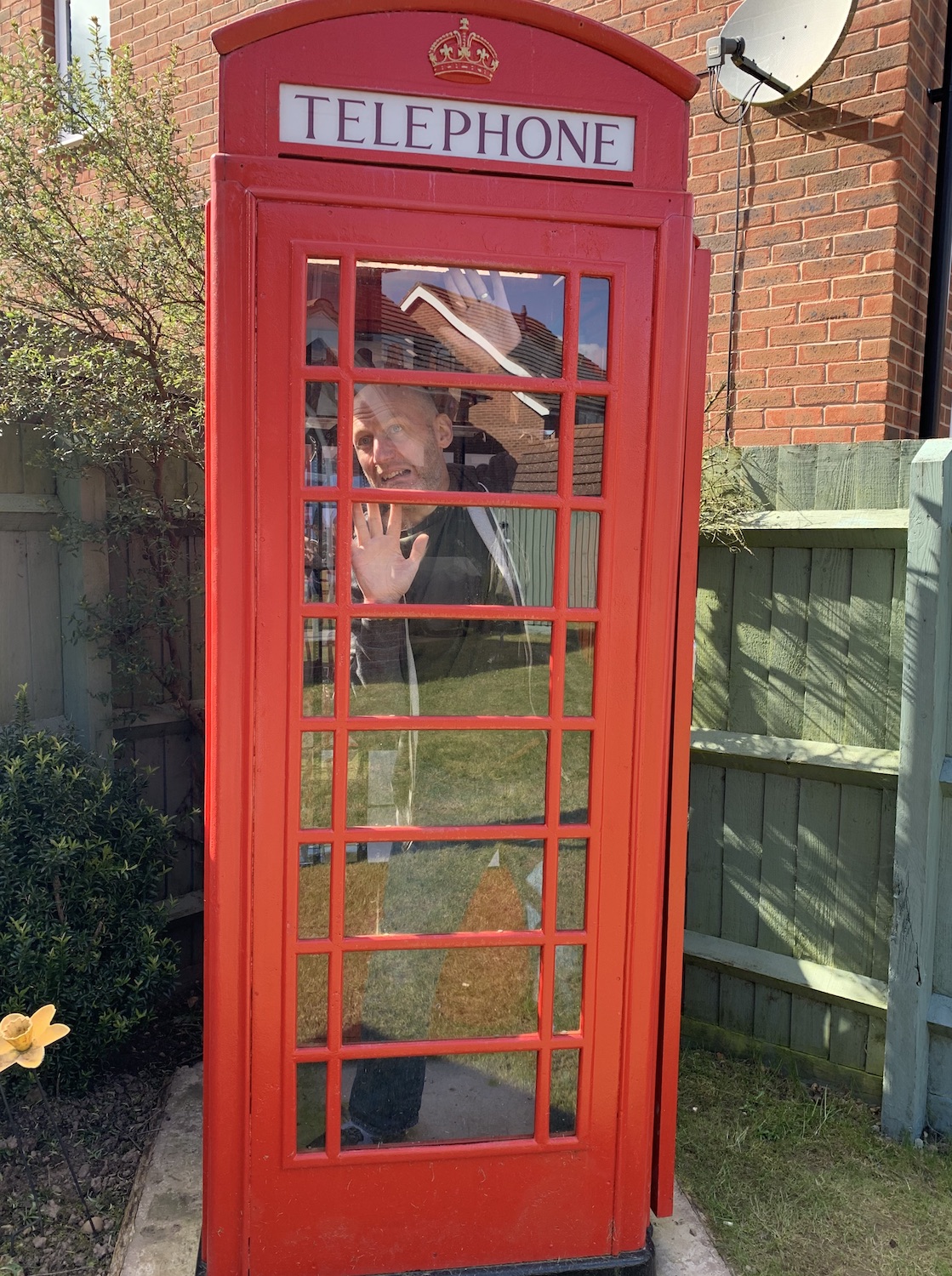 David Moody trapped in a phone box